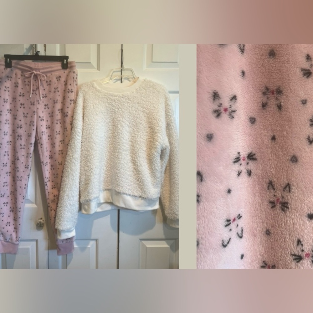 2 Pc PJ Set💗Pink Kitty 🐈‍⬛ Pants &  Fluffy & Soft White Top